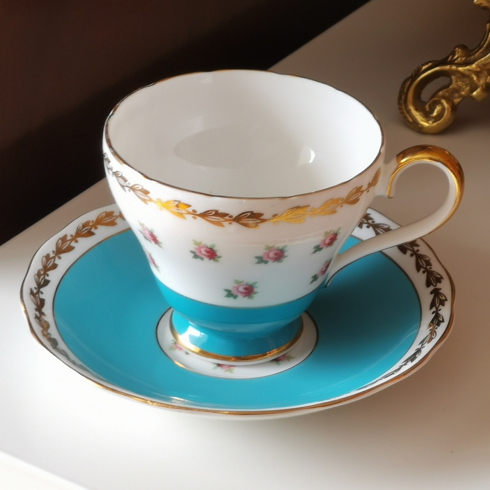 Adderley Fine Bone China Tiffany Blue & Rose Buds Cup and Saucer
